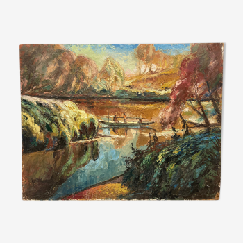 Huile sur panneau Pirogue