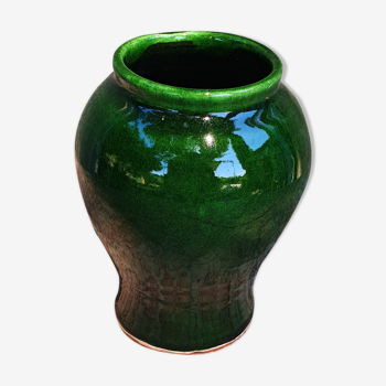Terracotta vase, enamelled and green
