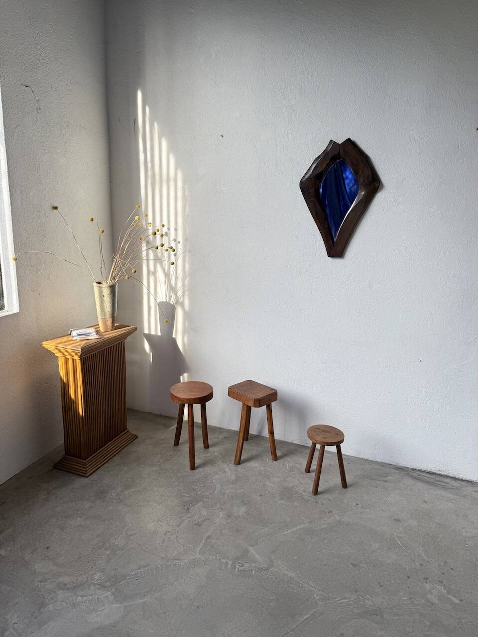 3 free-form oak tripod stools