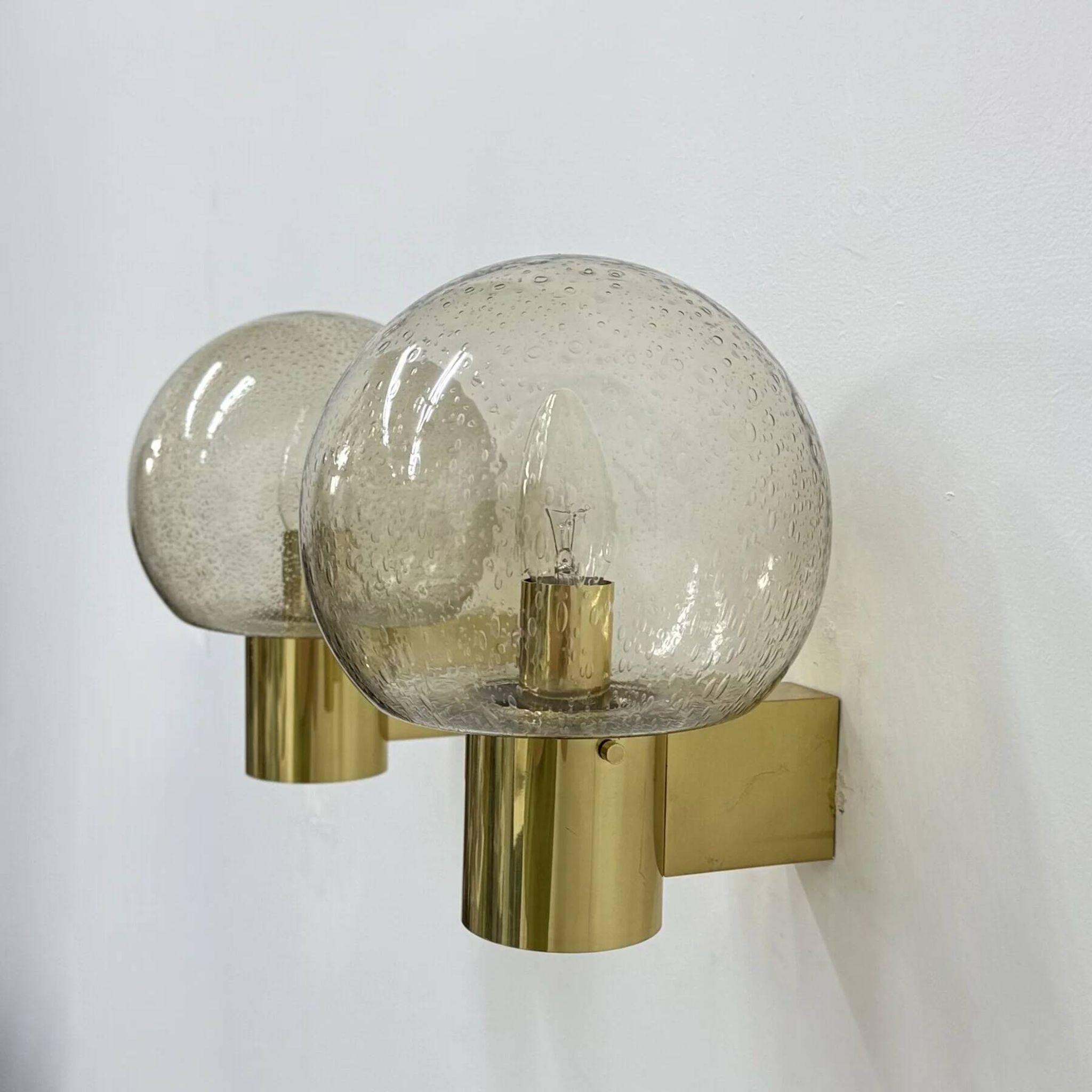 Mid-century Limburg Glashütte wall light brass with smoked bubble glass, 1970s