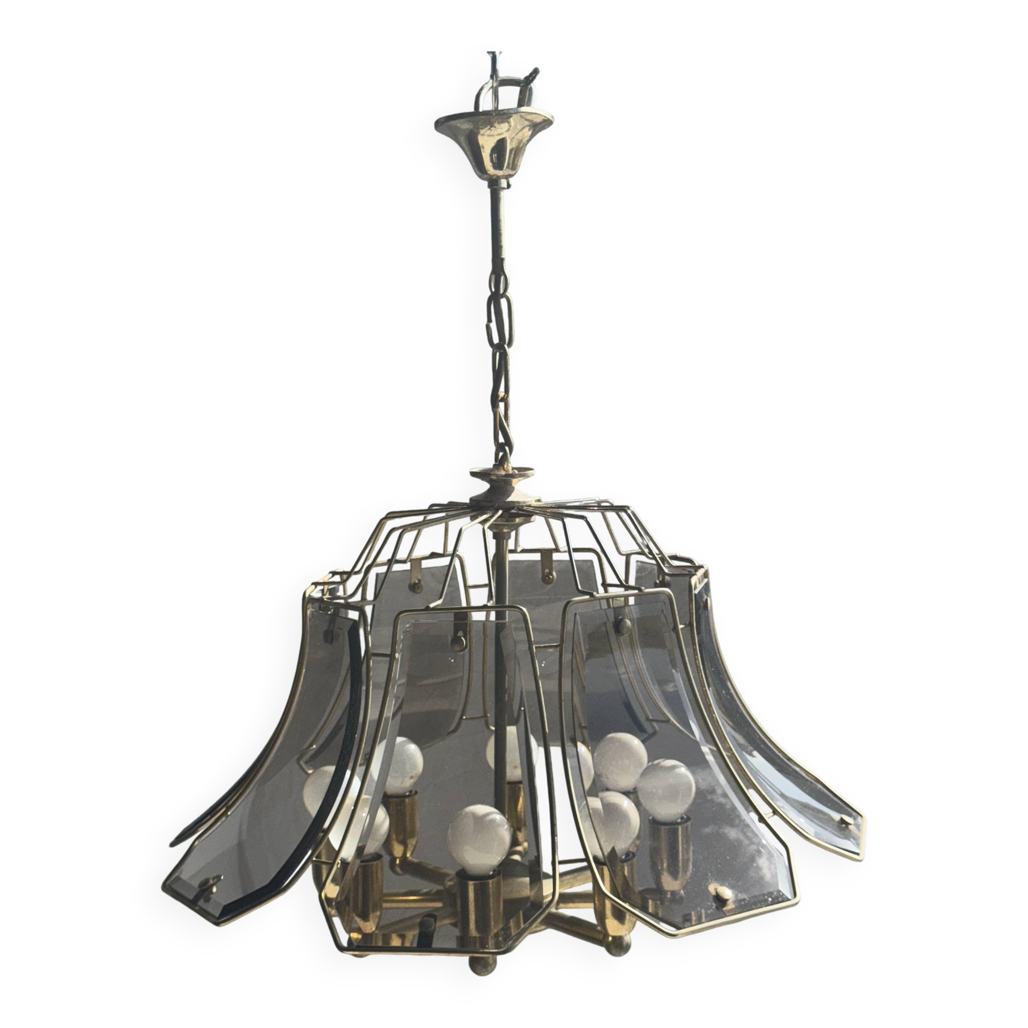 Grand lustre moderniste en métal et verre fumé pétales stylisés à 8 branches de lumières