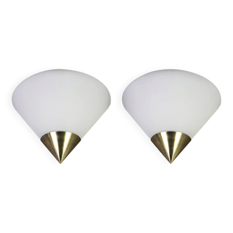 Pair of opaline glass wall lights designed by Limburg, Germany.