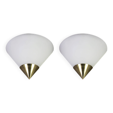 Pair of opaline glass wall lights designed by Limburg, Germany.