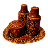 Set of ceramic condiments: salt, pepper, mustard, Connemara Celtic.