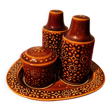 Set of ceramic condiments: salt, pepper, mustard, Connemara Celtic.