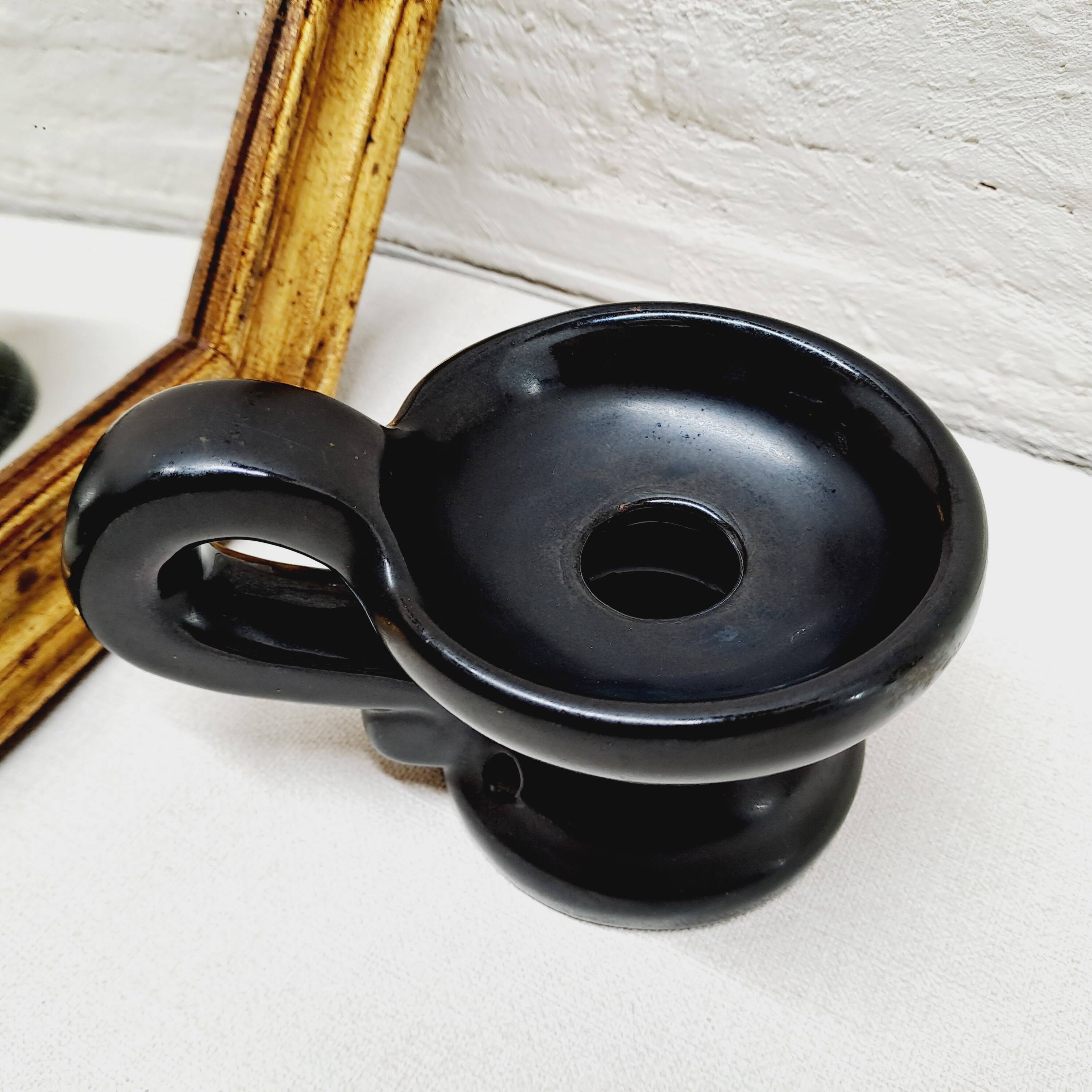 Matte black ceramic candle holder from the 60s