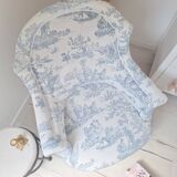 Fauteuil crapaud toile de Jouy bleu