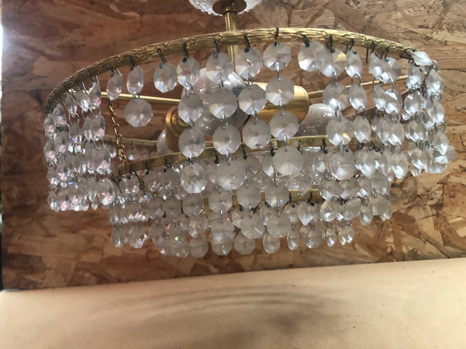 Ancien Lustre Laiton Cascade Pampilles Vintage