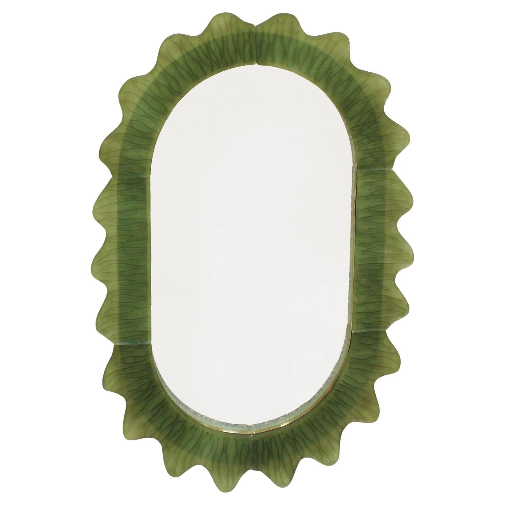 Organic-Shaped Green Italian Mirror Made of Murano Glass and Brass