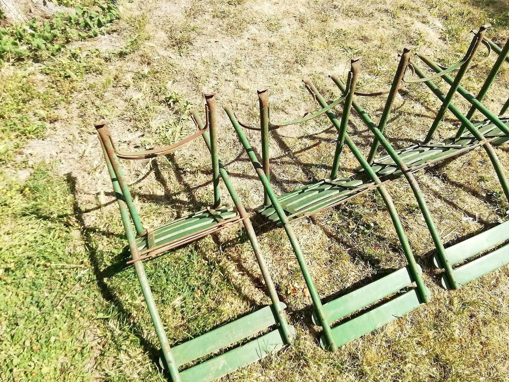 4 old iron and wood garden folding chairs