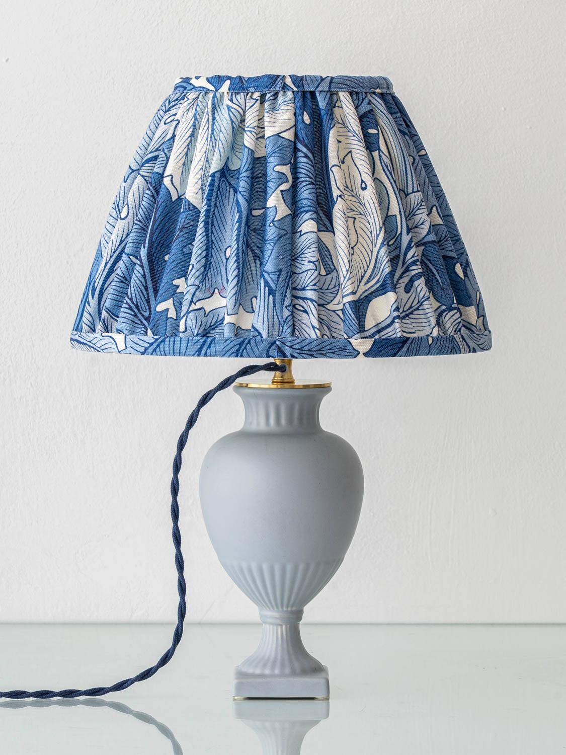 Neoclassical blue ceramic table lamp, pleated William Morris Acanthus shade.