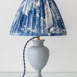 Neoclassical blue ceramic table lamp, pleated William Morris Acanthus shade.