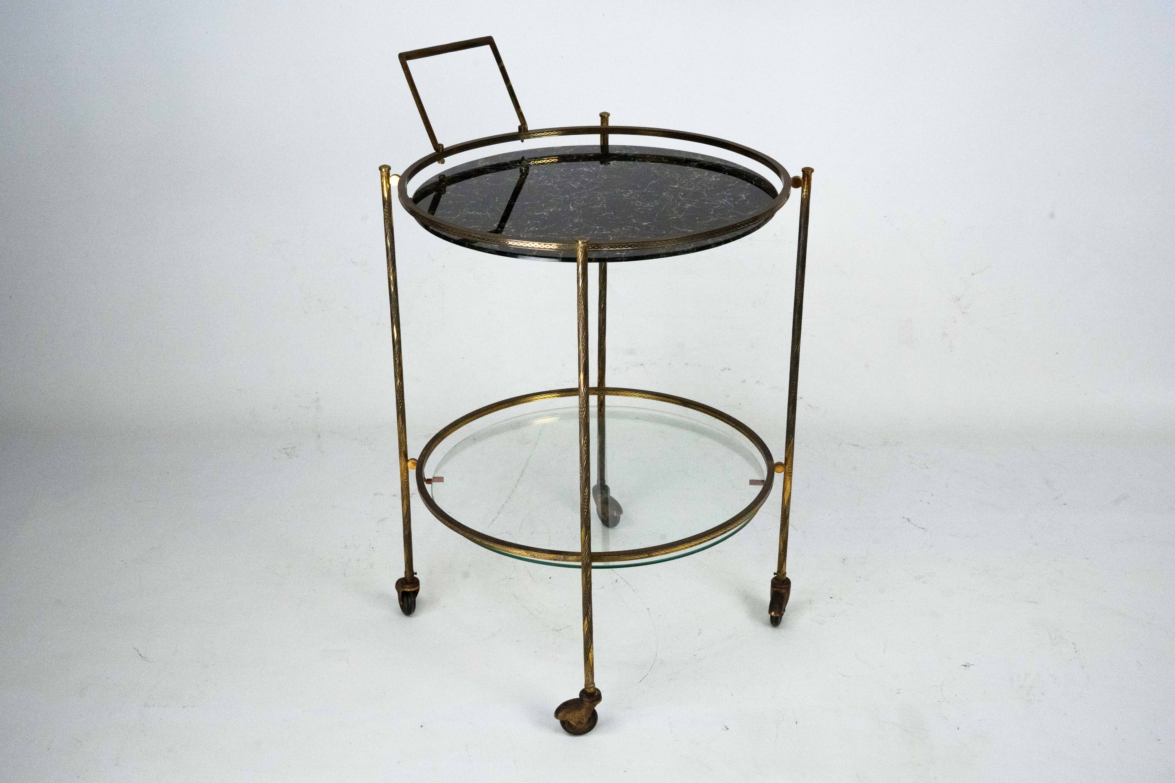 Round Mid-Century Brass and Marble-Effect Glass Bar Cart. Italy 1950s