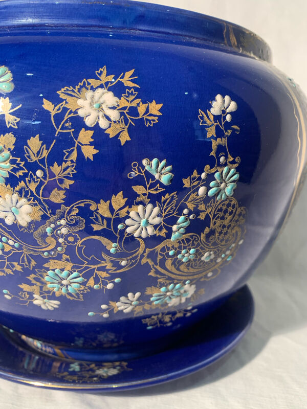 Ancien cache-pot bleu, céramique, faïence Art nouveau ver 1900