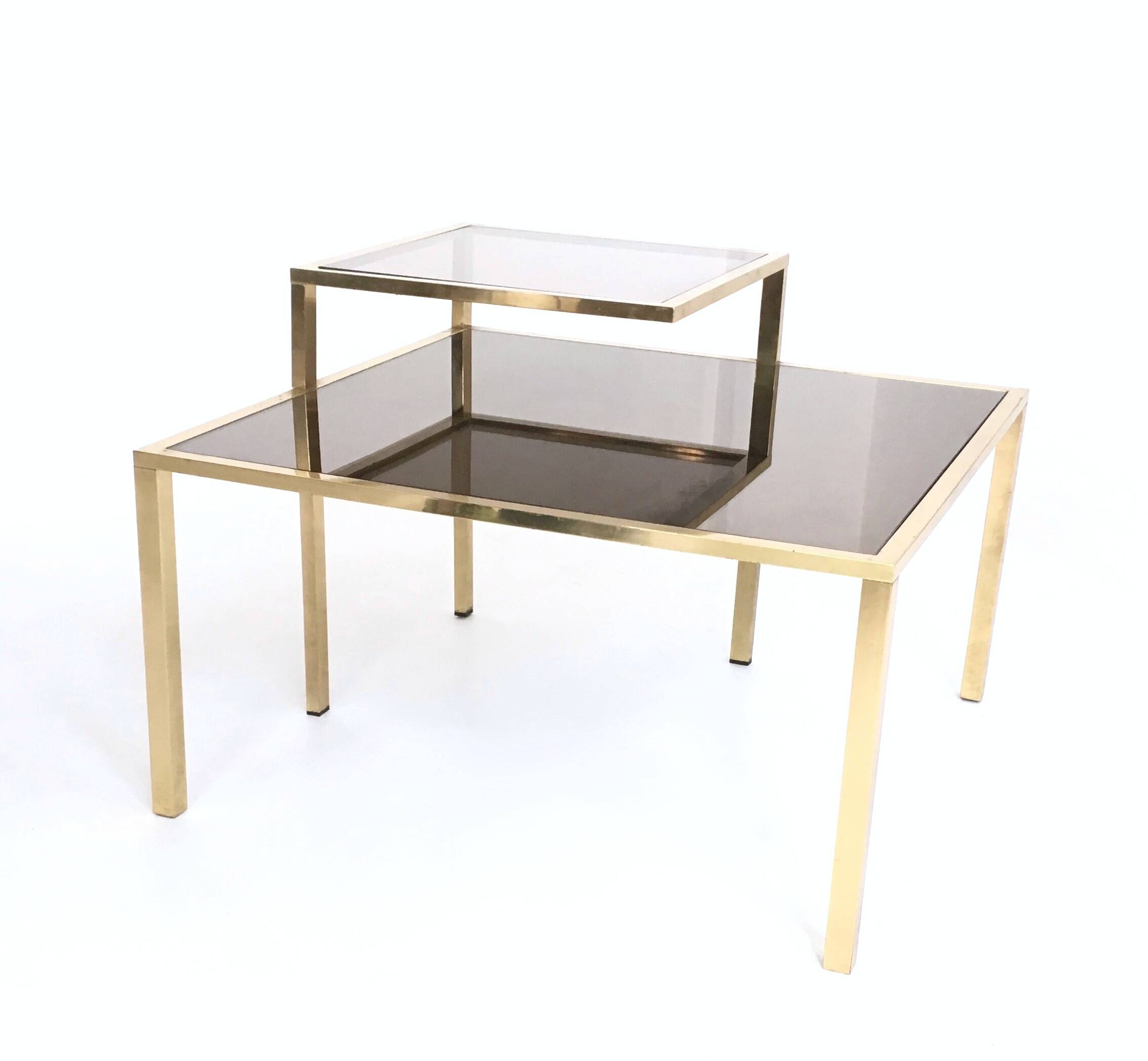 Square Brass Coffee Table with Glass Shelf and Mirrored Top, Italy