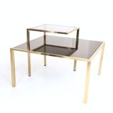 Square Brass Coffee Table with Glass Shelf and Mirrored Top, Italy