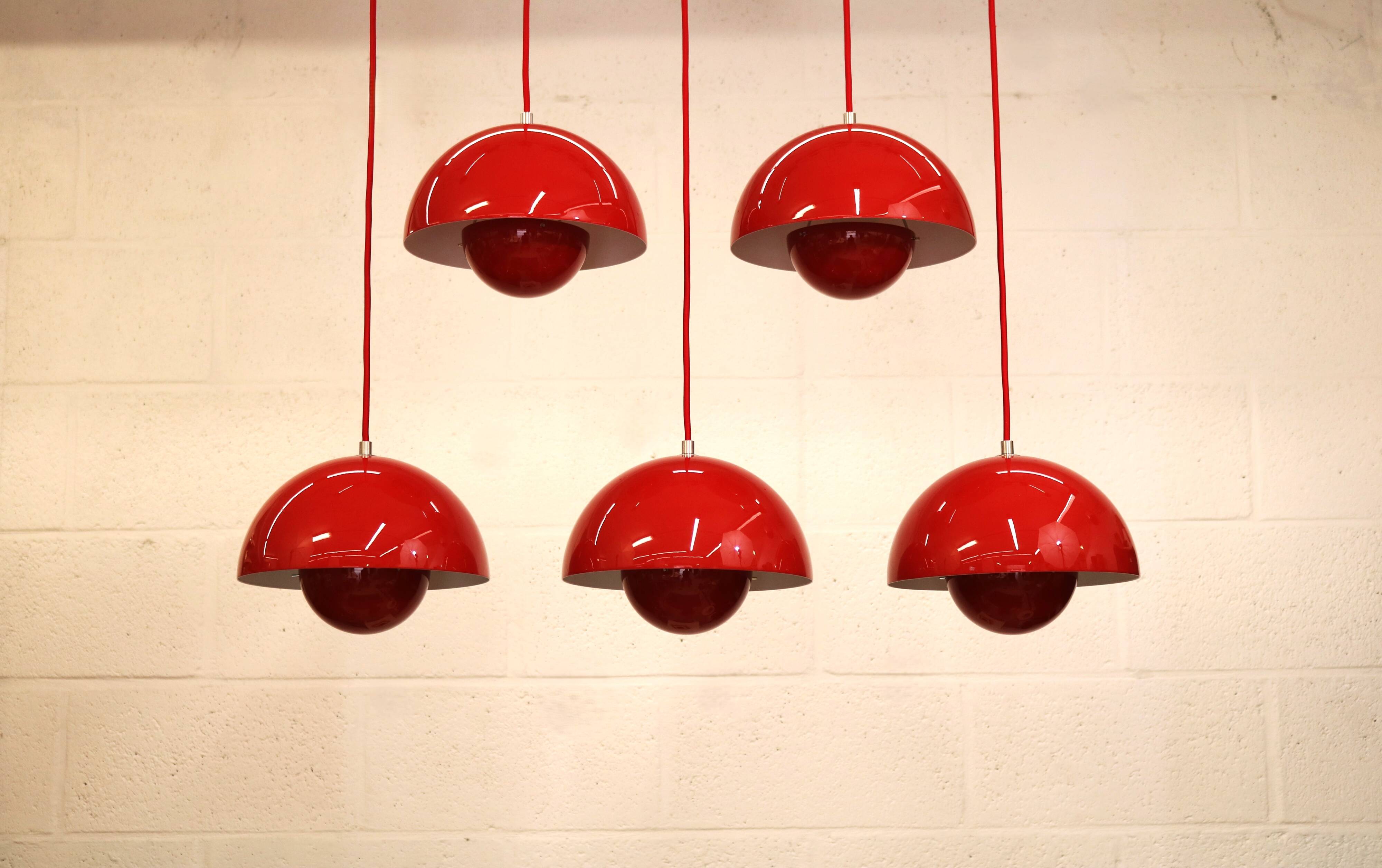 Iconic VP1 cherry red enamel flowerpot lamps designed by Verner Panton - &t