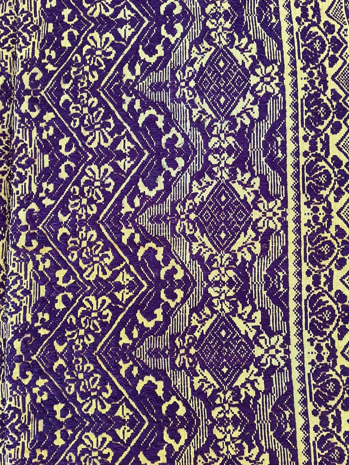 Vintage Romanian carpet design brown purple on yellow background 185x130cm