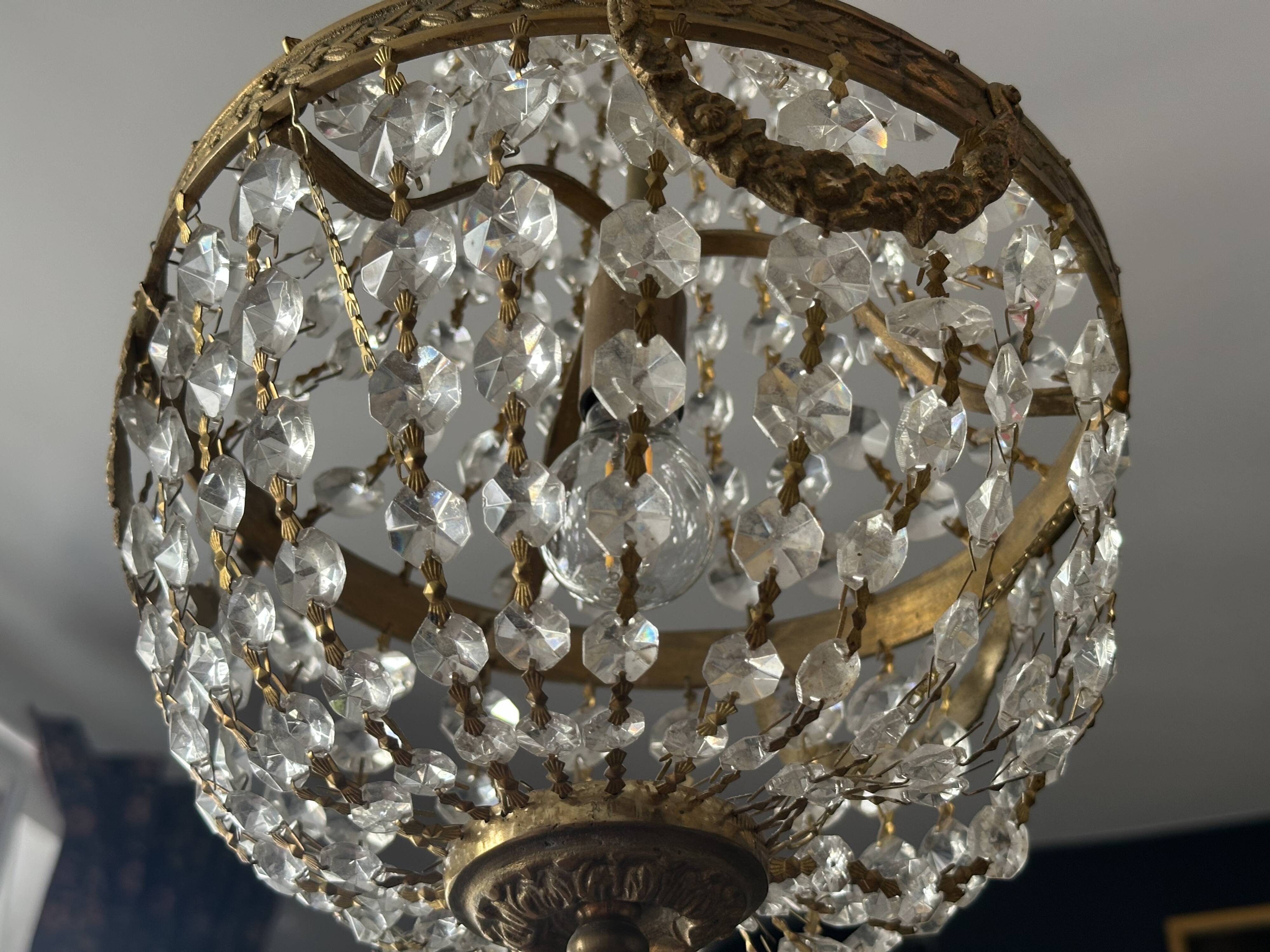 Golden bronze hot air balloon chandelier with glass pendants, mid-20th century.