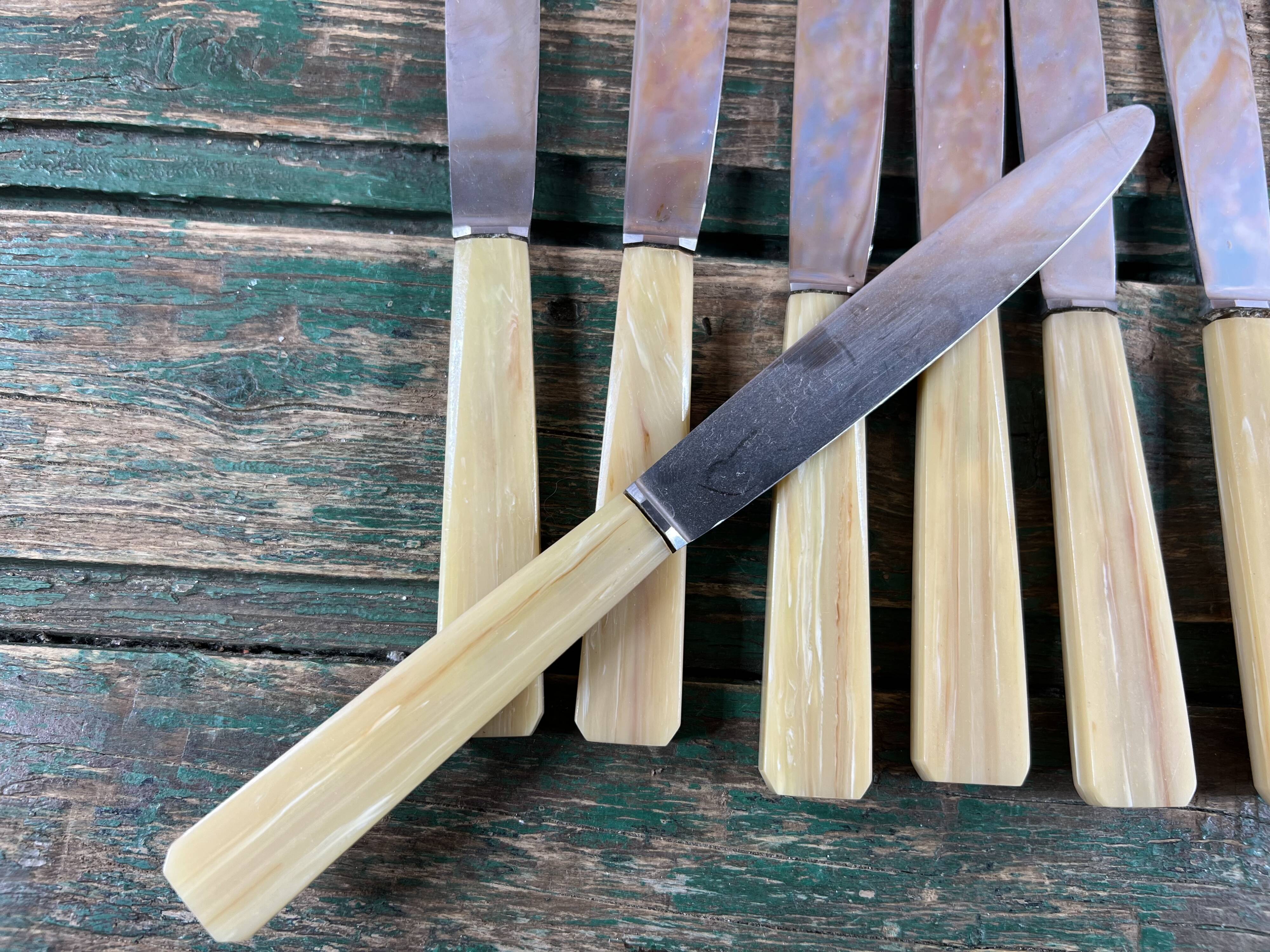 Set of 12 vintage table knives – Marbled Bakelite handles – 1930s
