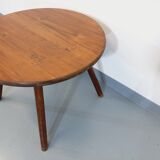 Vintage round brutalist coffee table in solid oak wood from the 50s