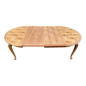 Louis XV extendable round table in solid raw oak 210cm and marquetry
