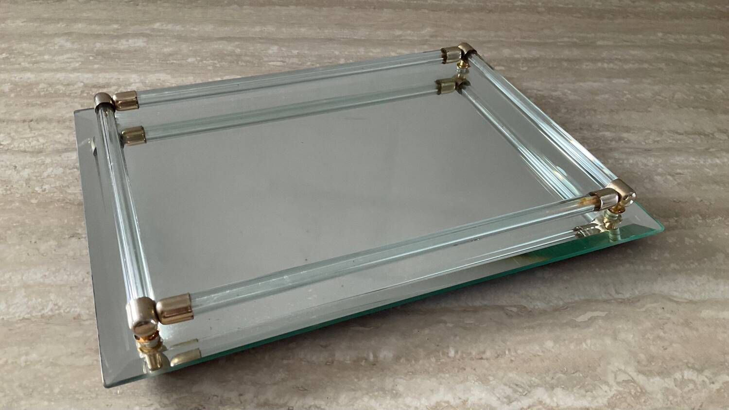Vintage tray in glass, brass and beveled mirror 70s