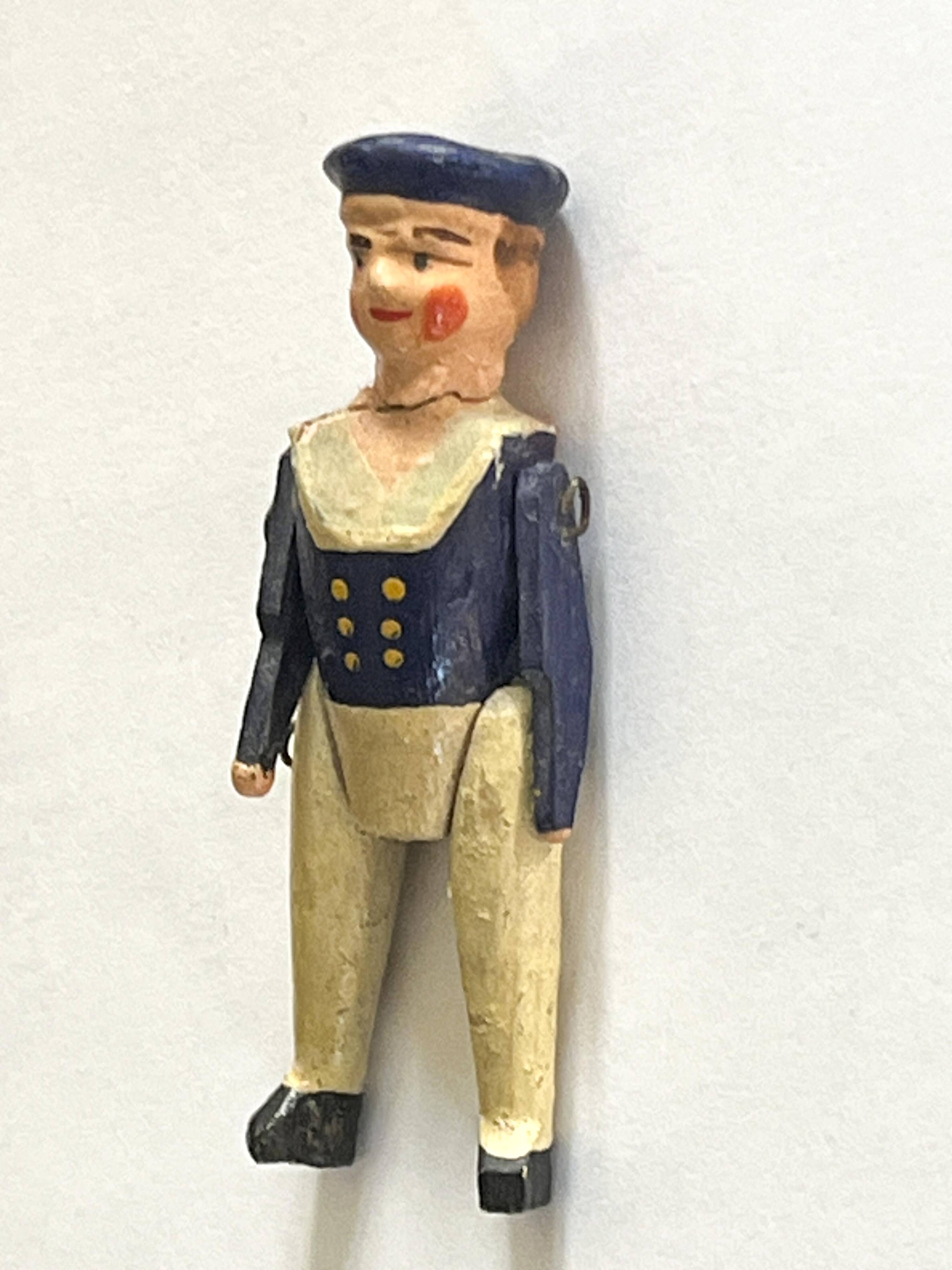 Painted wooden character, French brand Radiguet, vintage toy.