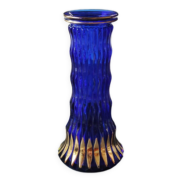 Walther Glas Design Vase, Graphic shape with golden flamed tips. Blown art glass, cobalt blue. Height 25 cm
