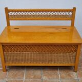 Vintage wooden bench with caning and woven rattan, 1960s-70s.