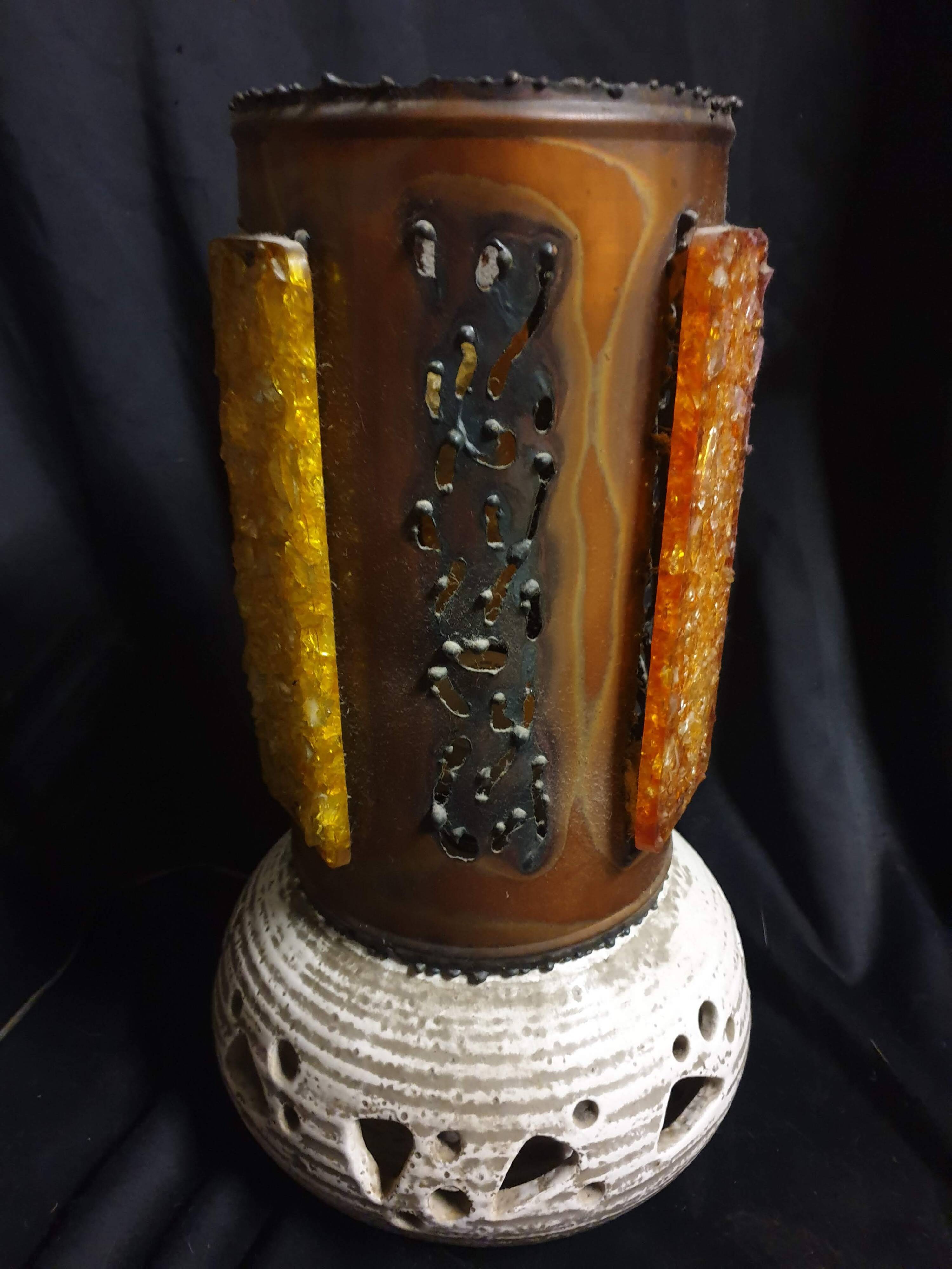 Grande lampe brutaliste signée accolay – céramique et résine – vintage 1960