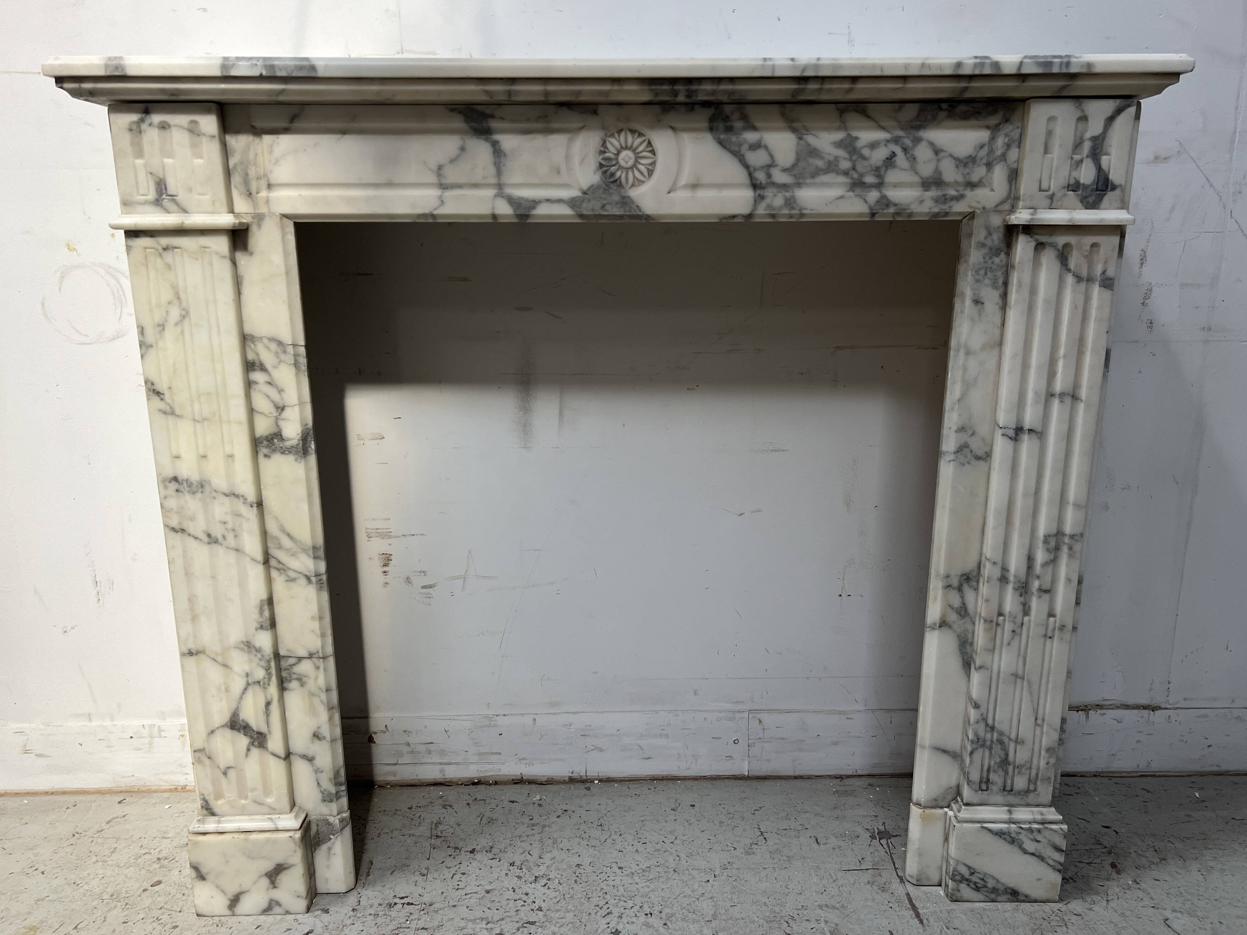 Louis XVI Style White Veined Carrara Marble Fireplace 19th Century