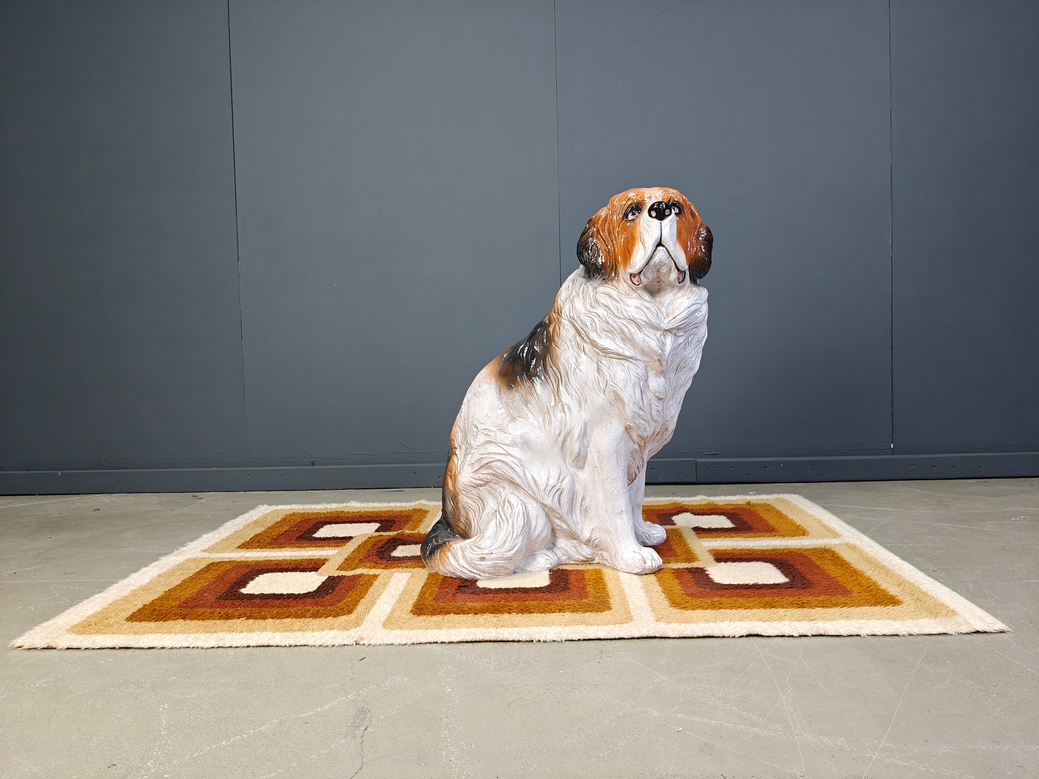 Life sized vintage glazed terracotta St Bernard dog sculpture, 1960s