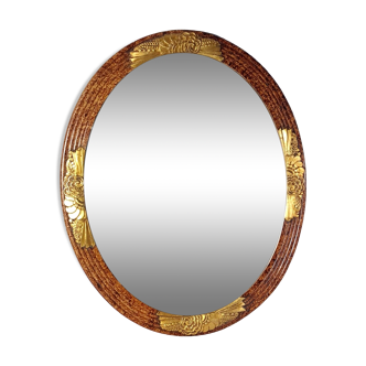 Miroir ovale Art déco encadrement bois stuc doré finition orme 56x46 cm SB238