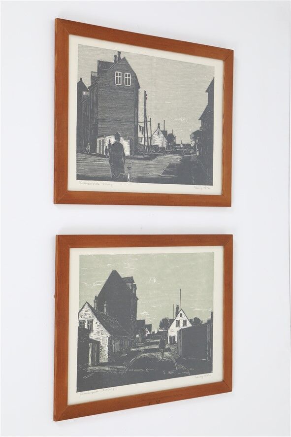 Set of 2 mid-century Erling Juhl wood prints in original larch wood frames / 1960s