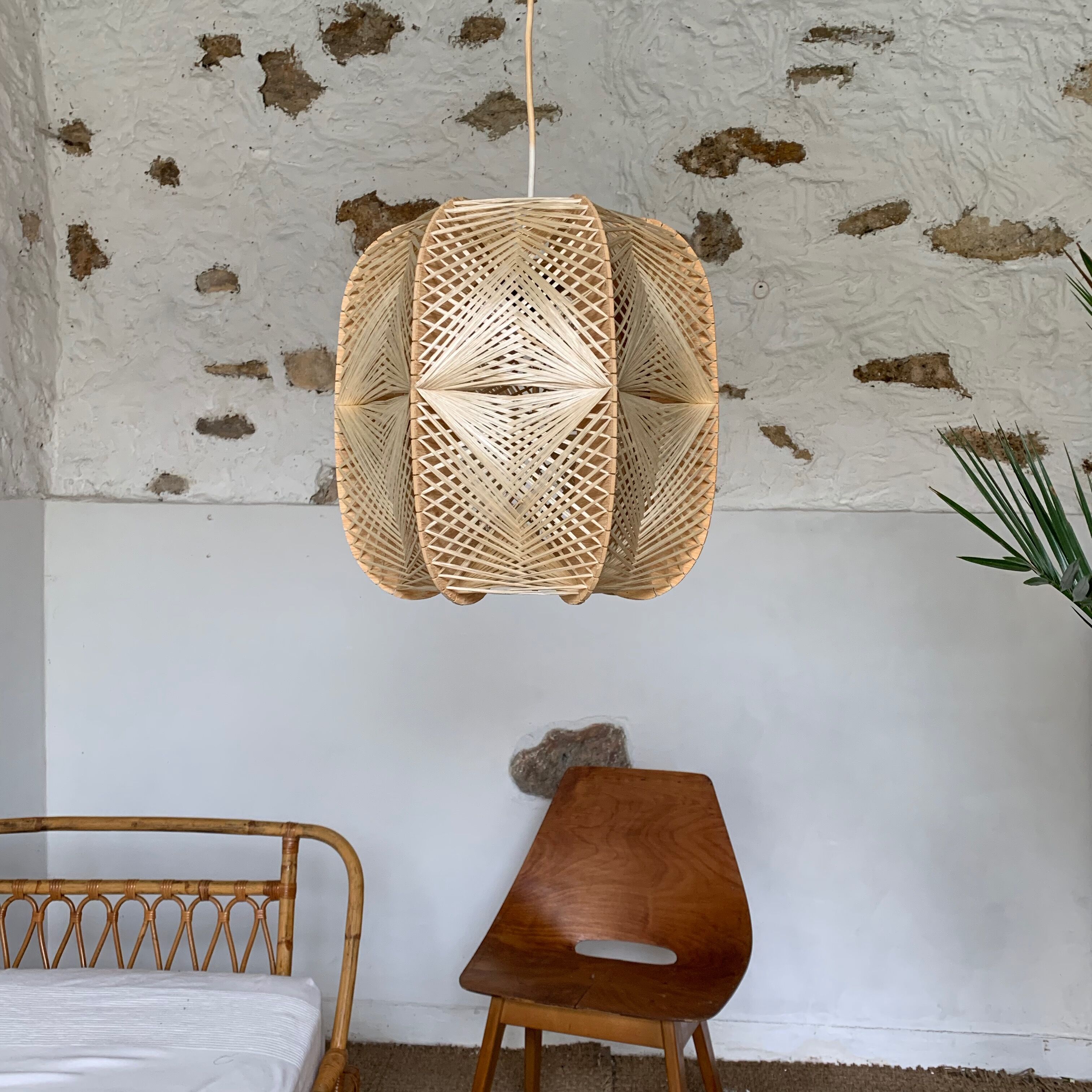 Vintage Scandinavian hanging wire Rafia and wood