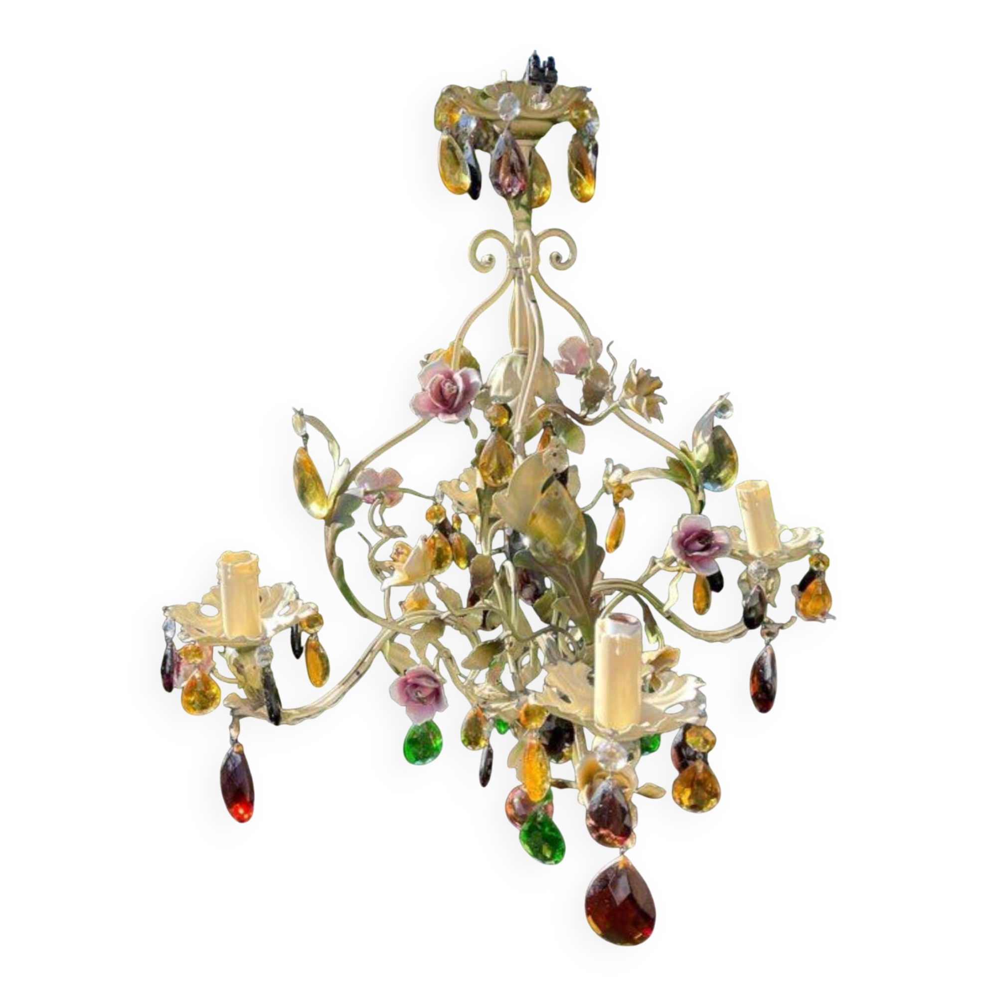Vintage metal chandelier with porcelain flowers.