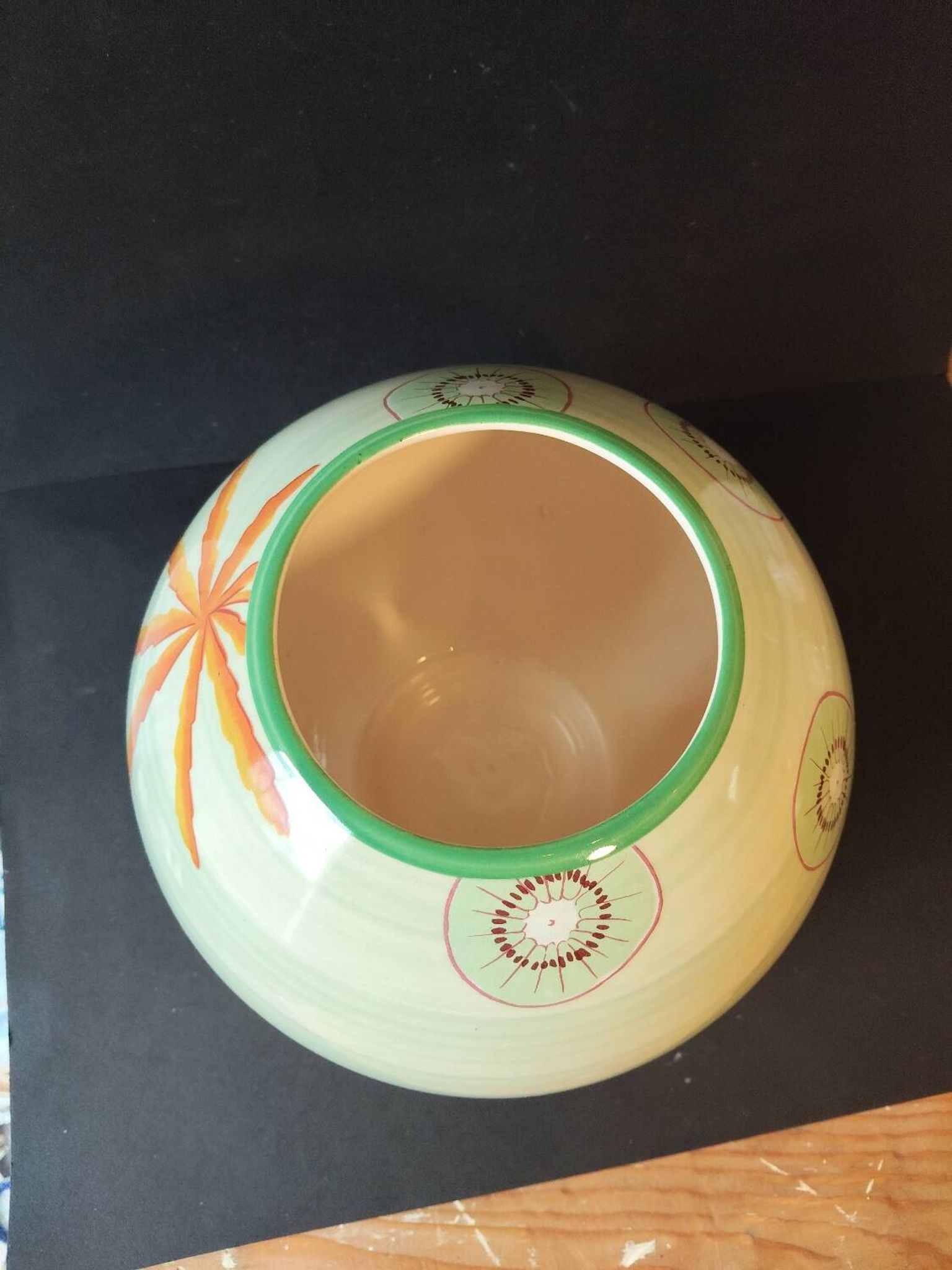 Lunéville France round vase – kiwi & leaf decoration – soft green vintage