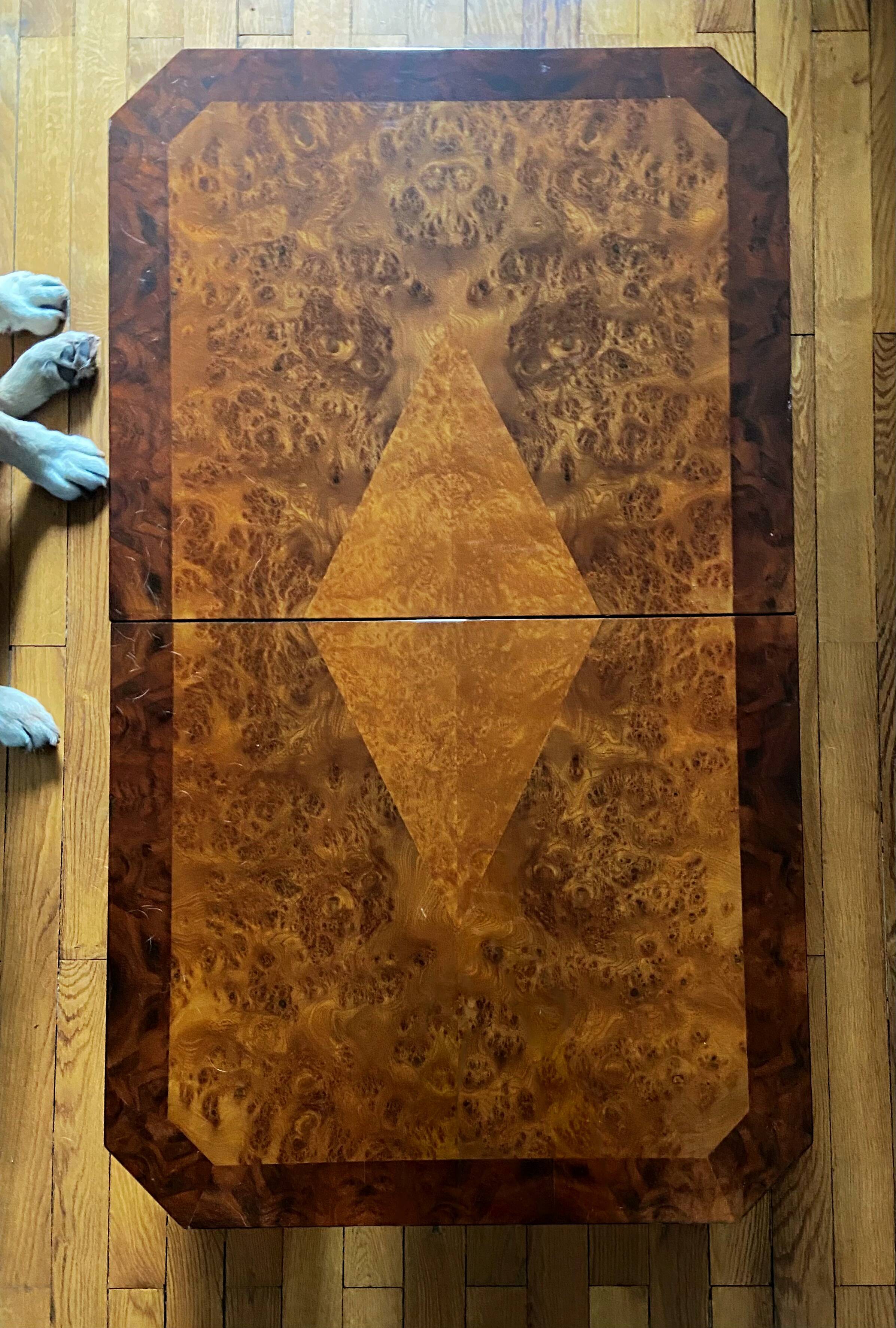 Coffee table in wood burl in the style of Willy Rizzo, 1970s.