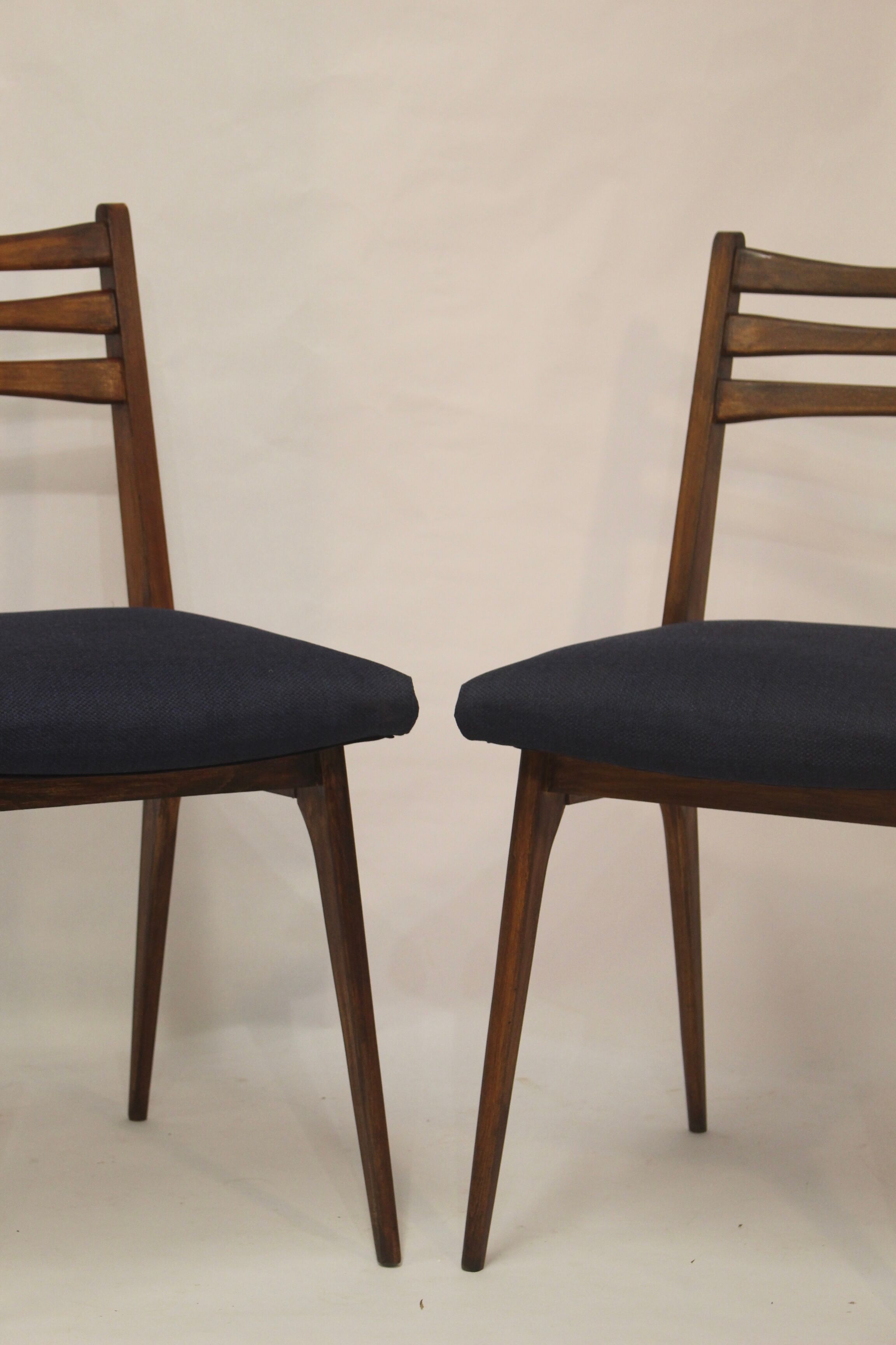 Pair of Scandinavian chairs seated night blue fabric restored, year 60.
