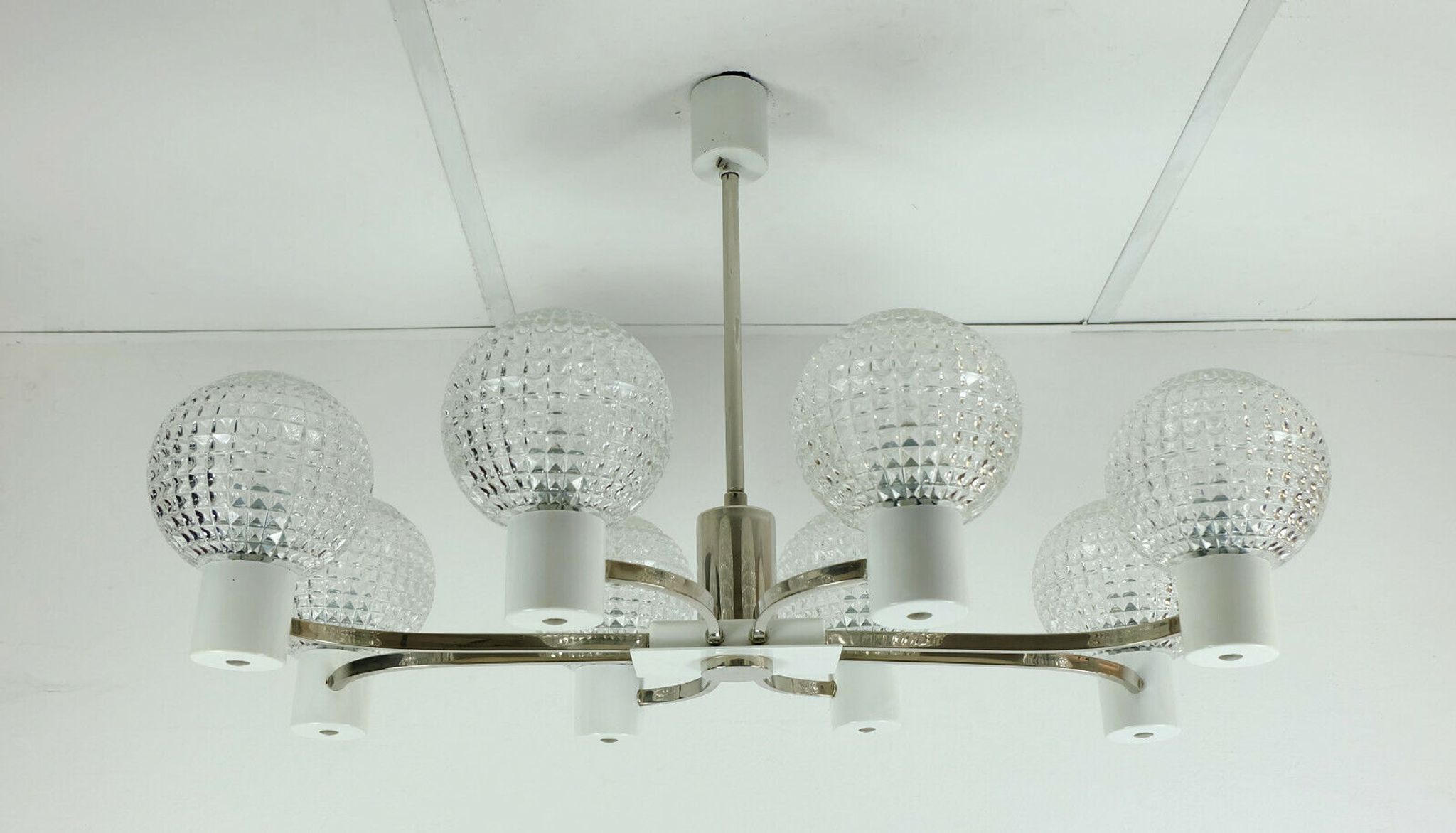 1960s mid century HANGING LAMP chrome metal chandelier with 8 glass shades