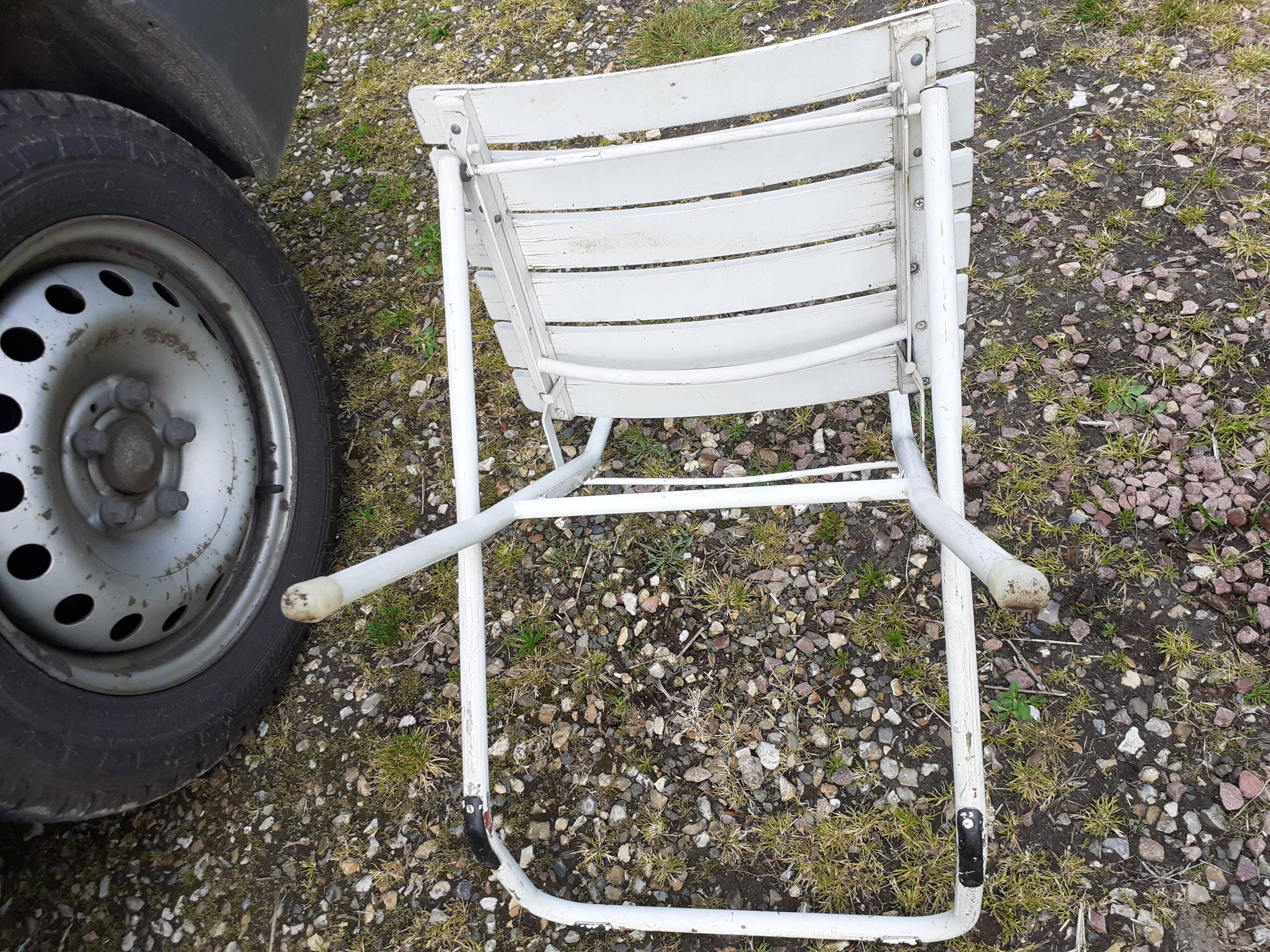 Pair of iron and old wood garden chairs