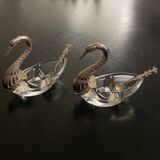 2 swan-shaped salt pots in metal and glass