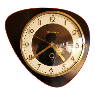 Vintage formica clock silent asymmetrical wall clock "Ajas Besançon black red"