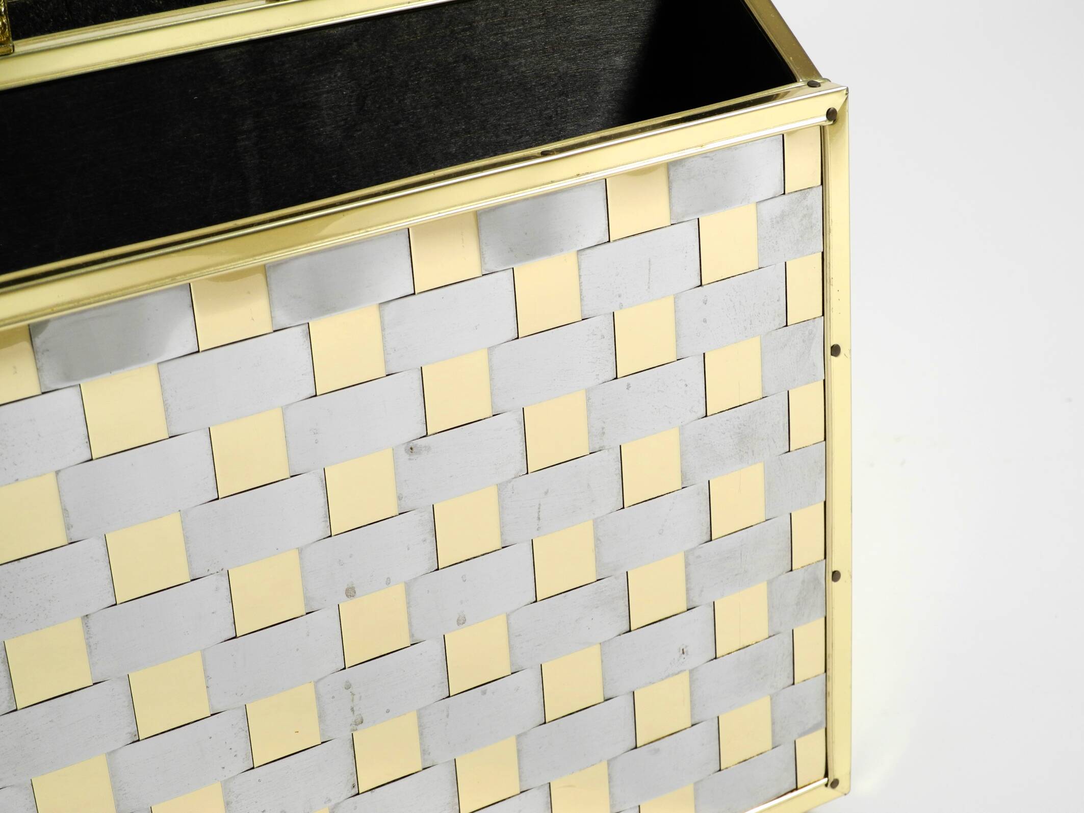 1980s newspaper rack made of brass and wood in Hollywood Regecy design