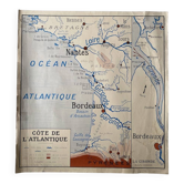 Carte scolaire vintage 1950 "Cotes de l'Atlantique et méditerranée"