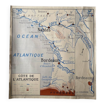 Vintage school map 1950 "Coasts of the Atlantic and Mediterranean"