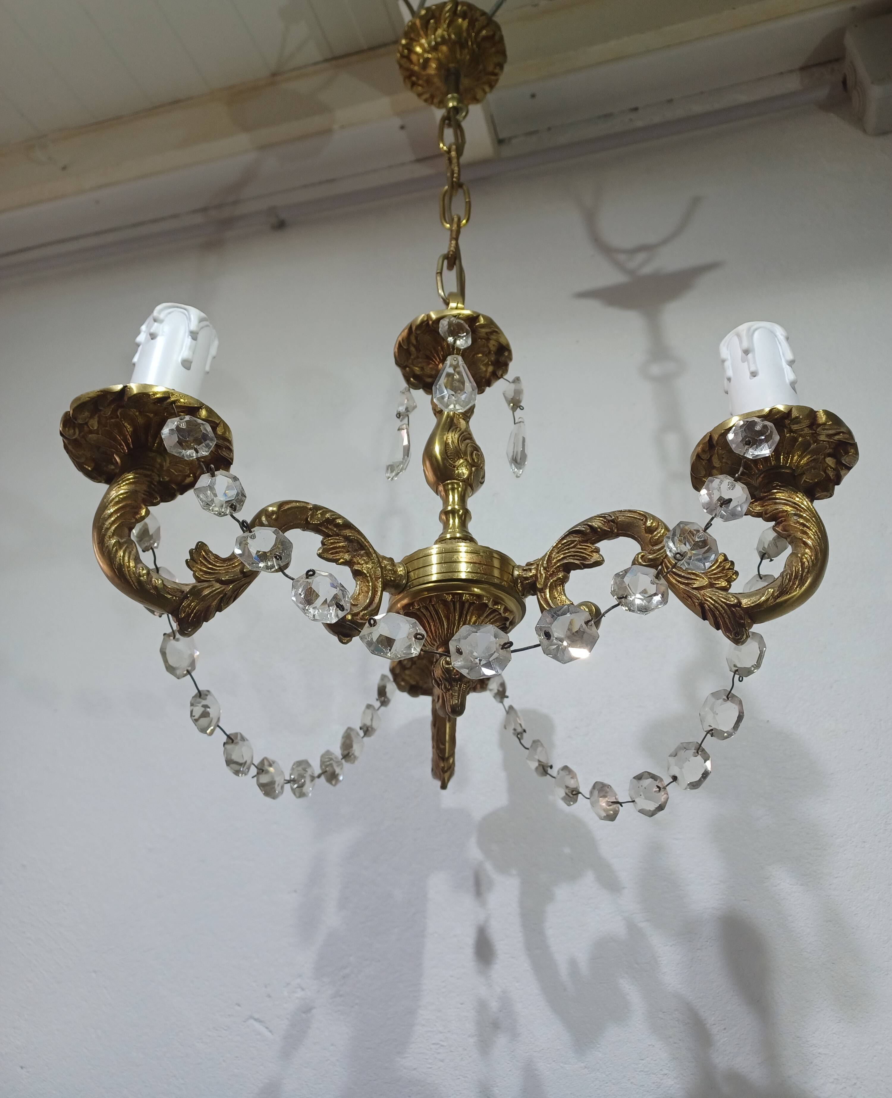 3-light bronze and crystal chandelier