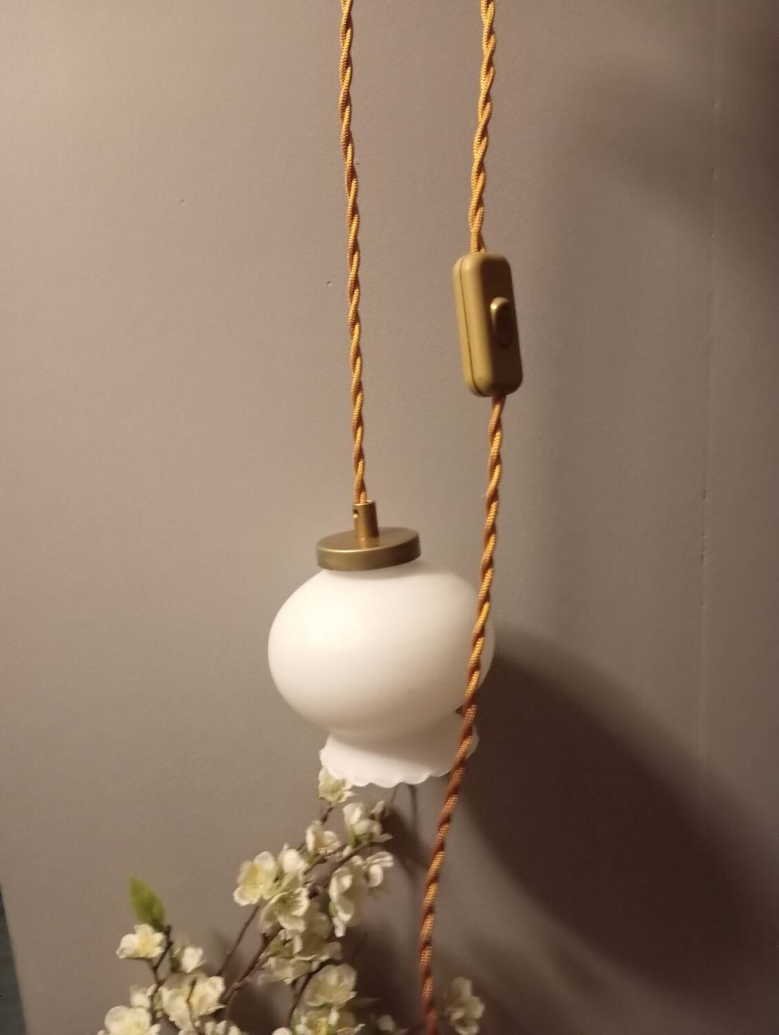 White opal curved glass hanging lamp, art deco style