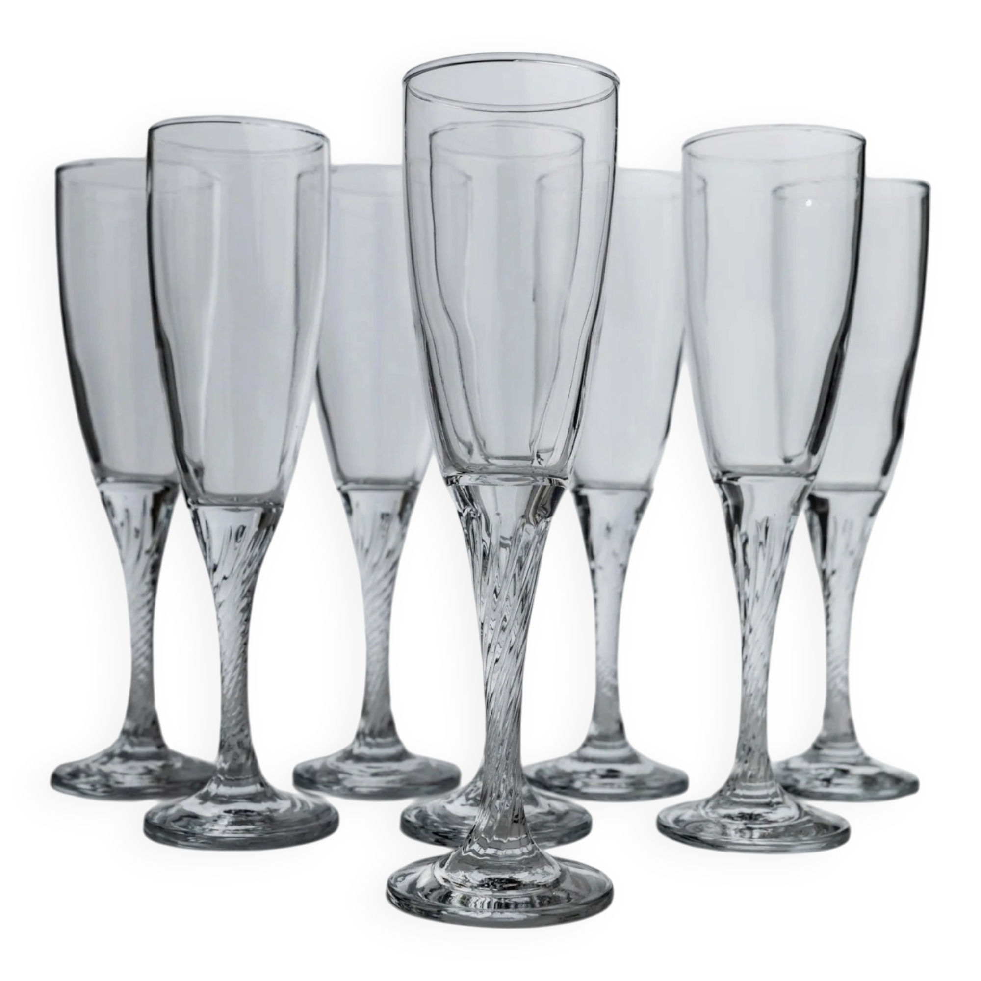 Lot of 8 vintage champagne flutes from the 1980s, transparent glass, twisted stem.